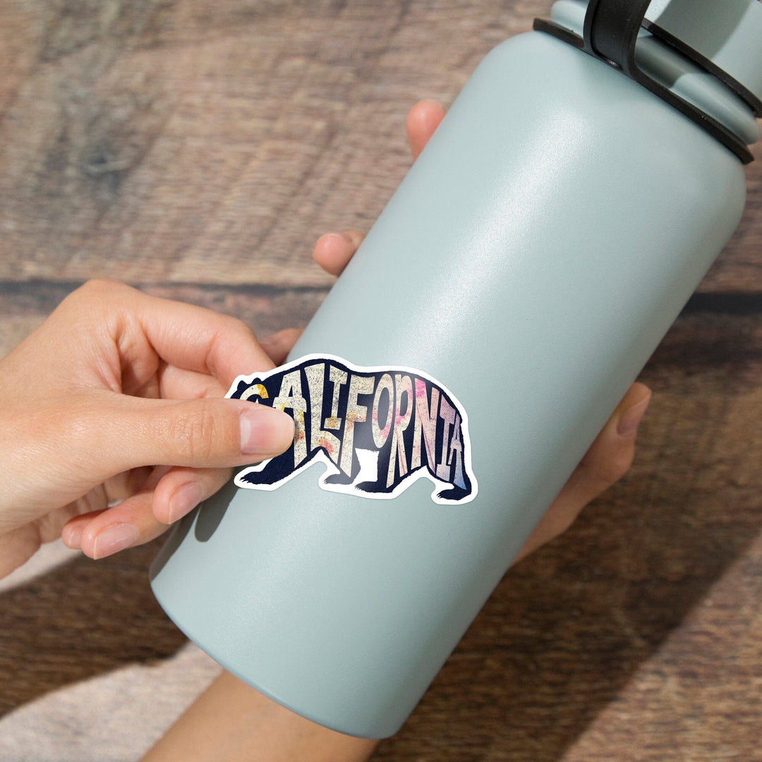 California, Bear Typography, Contour, Vinyl Sticker - Lantern Press