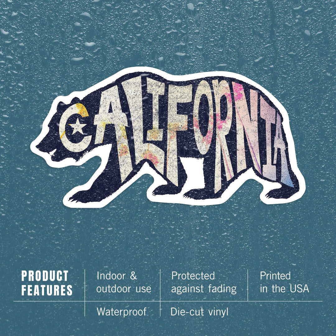 California, Bear Typography, Contour, Vinyl Sticker - Lantern Press