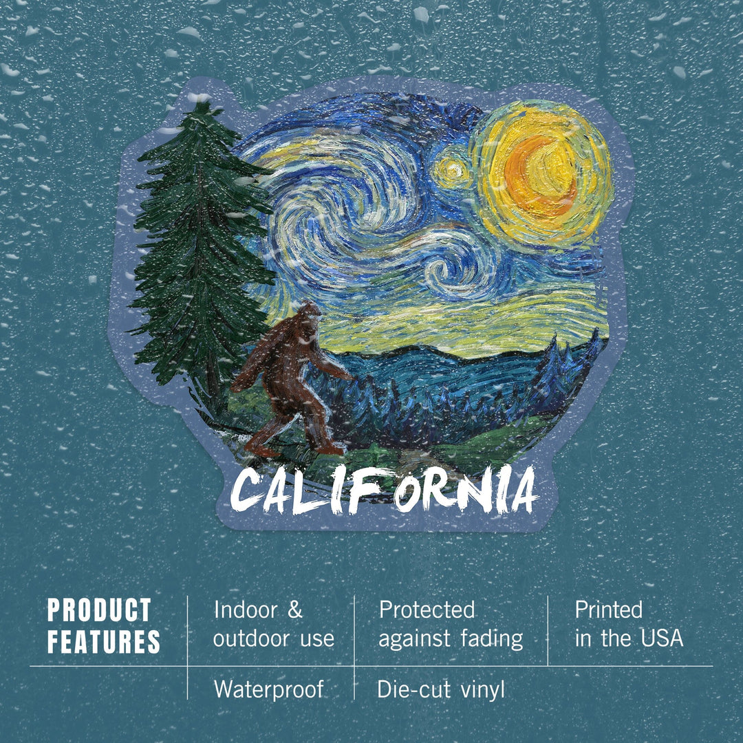 California, Bigfoot, Starry Night, Contour, Vinyl Sticker Sticker Lantern Press 