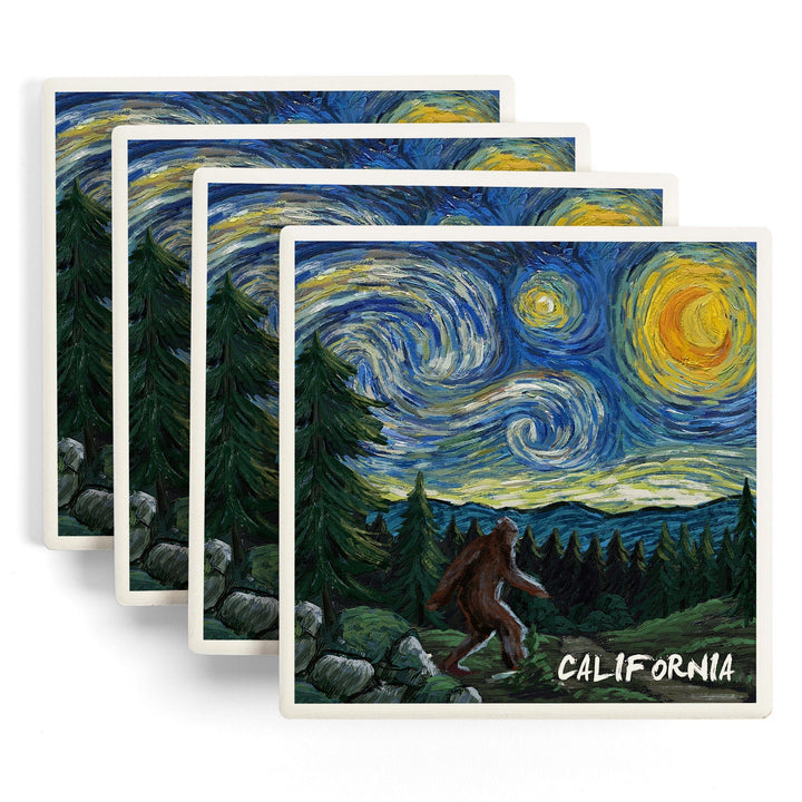 California, Bigfoot, Starry Night, Lantern Press Artwork, Coaster Set - Lantern Press