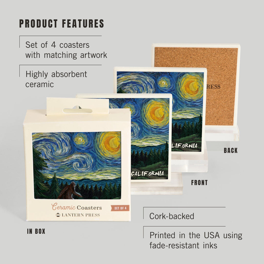 California, Bigfoot, Starry Night, Lantern Press Artwork, Coaster Set - Lantern Press