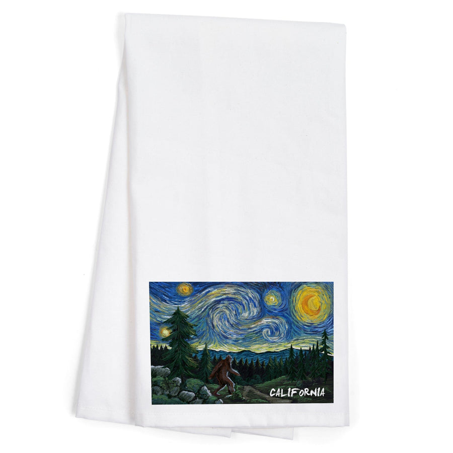 California, Bigfoot, Starry Night, Organic Cotton Kitchen Tea Towels Kitchen Lantern Press 