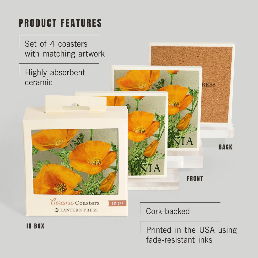 California, Bottom Text, Poppies, Lantern Press Artwork, Coaster Set - Lantern Press