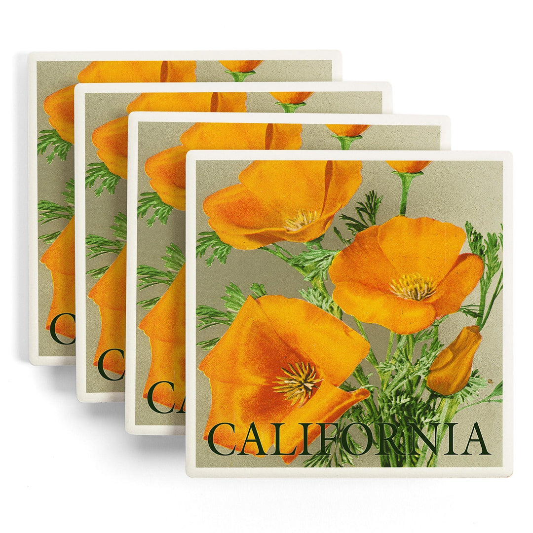 California, Bottom Text, Poppies, Lantern Press Artwork, Coaster Set - Lantern Press