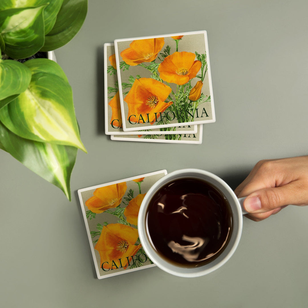 California, Bottom Text, Poppies, Lantern Press Artwork, Coaster Set - Lantern Press