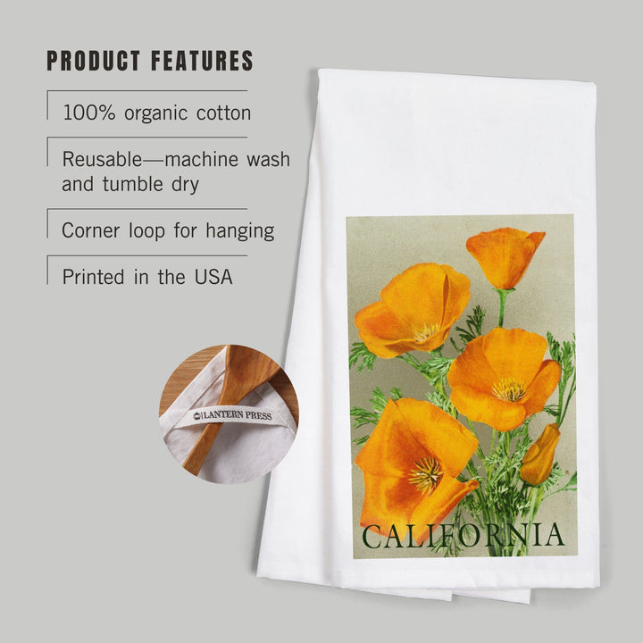 California, Bottom Text, Poppies, Organic Cotton Kitchen Tea Towels Kitchen Lantern Press 