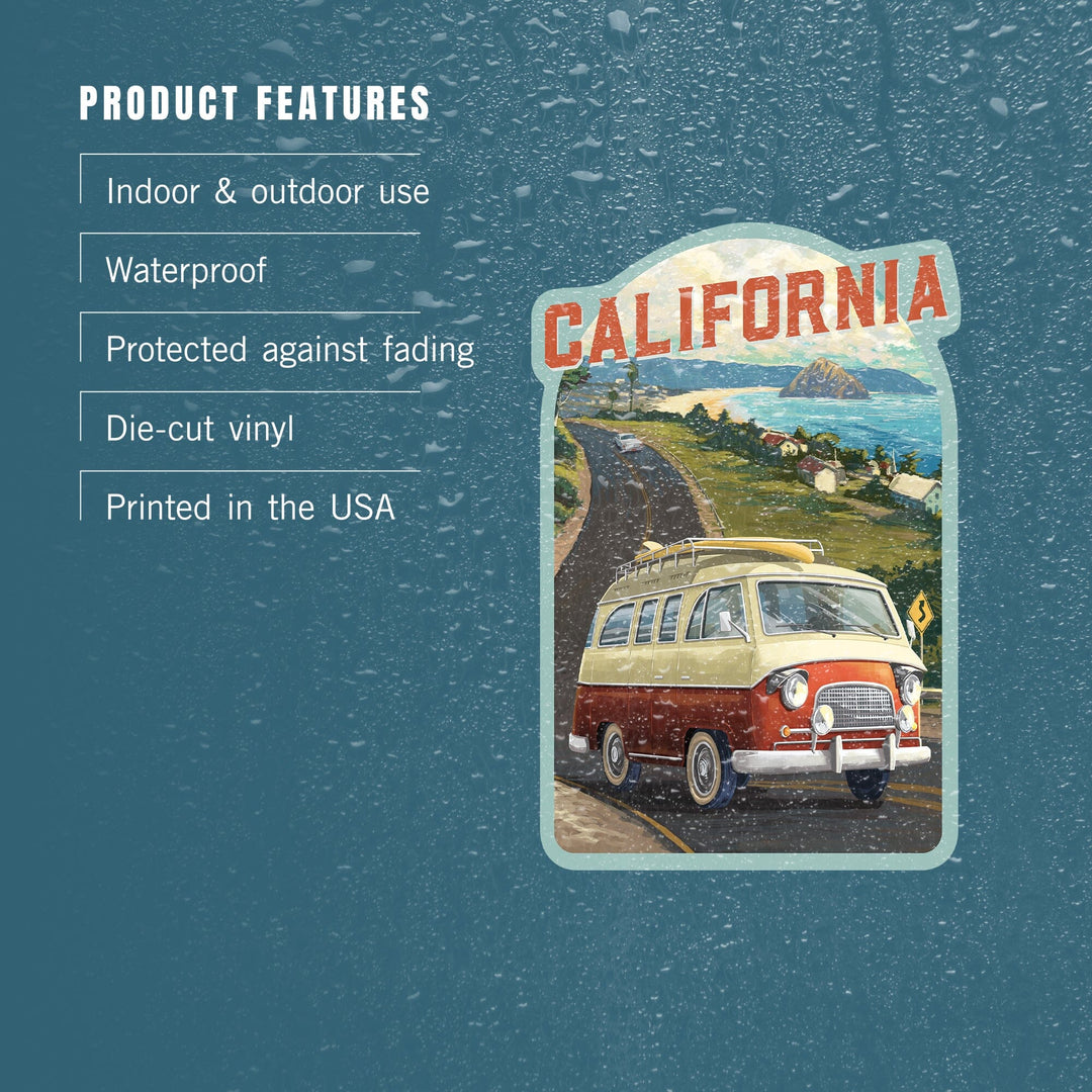 California, Camper Van, Ocean, Contour, Vinyl Sticker Sticker Lantern Press 