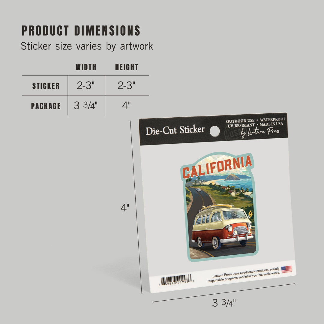 California, Camper Van, Ocean, Contour, Vinyl Sticker Sticker Lantern Press 