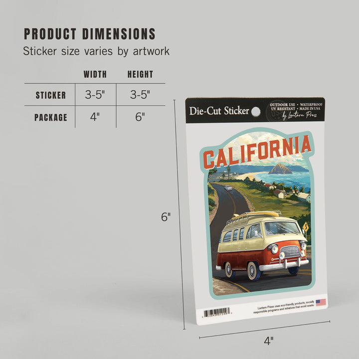 California, Camper Van, Ocean, Contour, Vinyl Sticker Sticker Lantern Press 