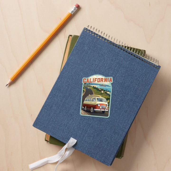 California, Camper Van, Ocean, Contour, Vinyl Sticker Sticker Lantern Press 