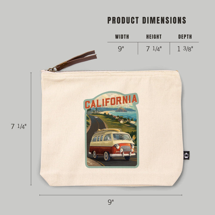 California, Camper Van, Ocean,, Organic Cotton Zipper Pouch, Go Bag Totes Lantern Press 