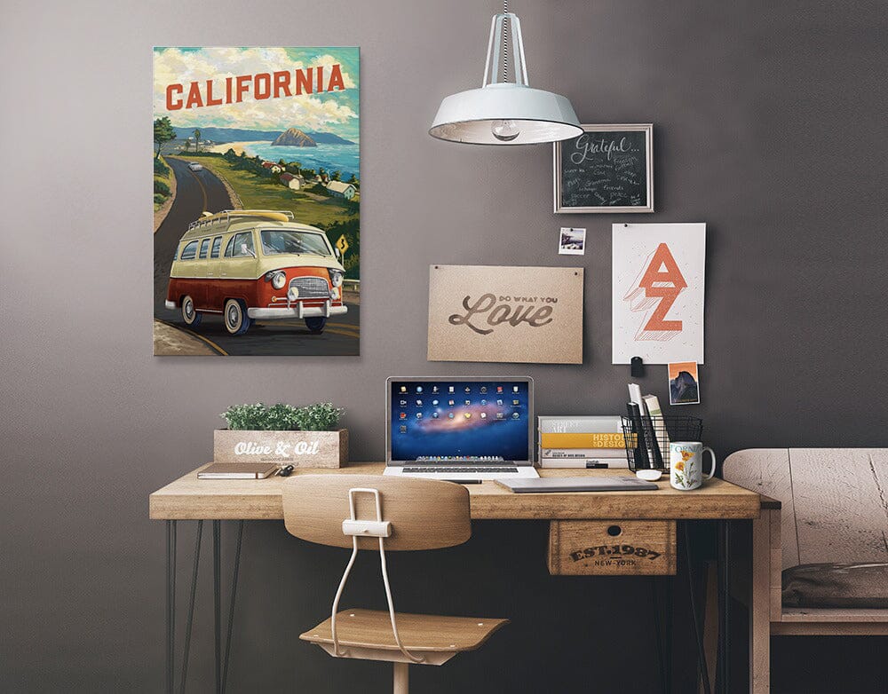 California, Camper Van, Ocean, Stretched Canvas Canvas Lantern Press 