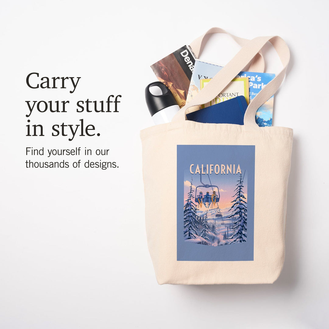 California, Chill on the Uphill, Ski Lift, Contour, Tote Bag Totes Lantern Press 