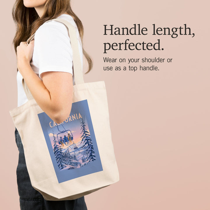 California, Chill on the Uphill, Ski Lift, Contour, Tote Bag Totes Lantern Press 