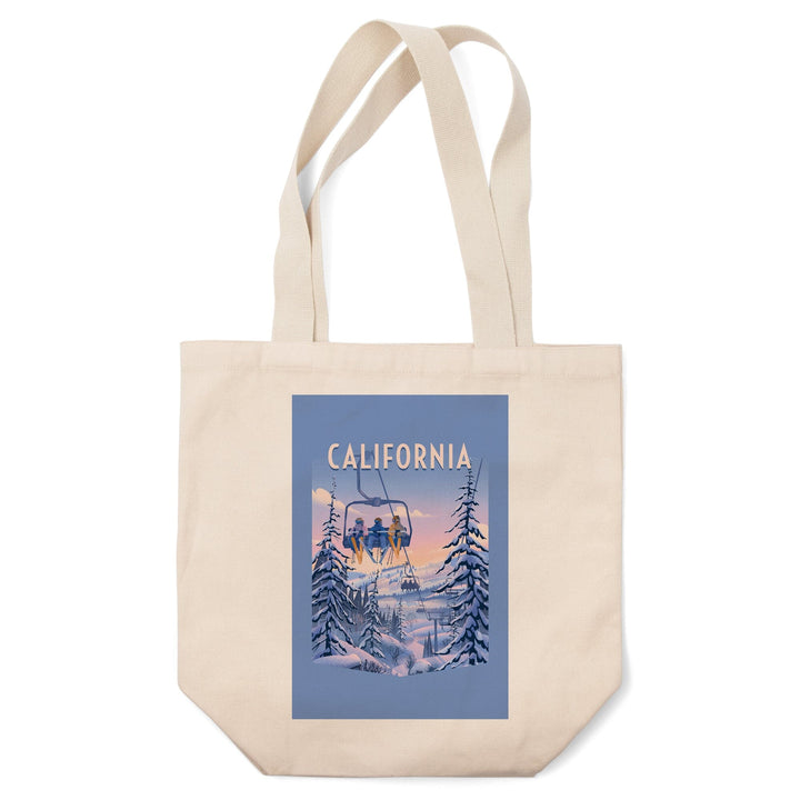 California, Chill on the Uphill, Ski Lift, Contour, Tote Bag Totes Lantern Press 