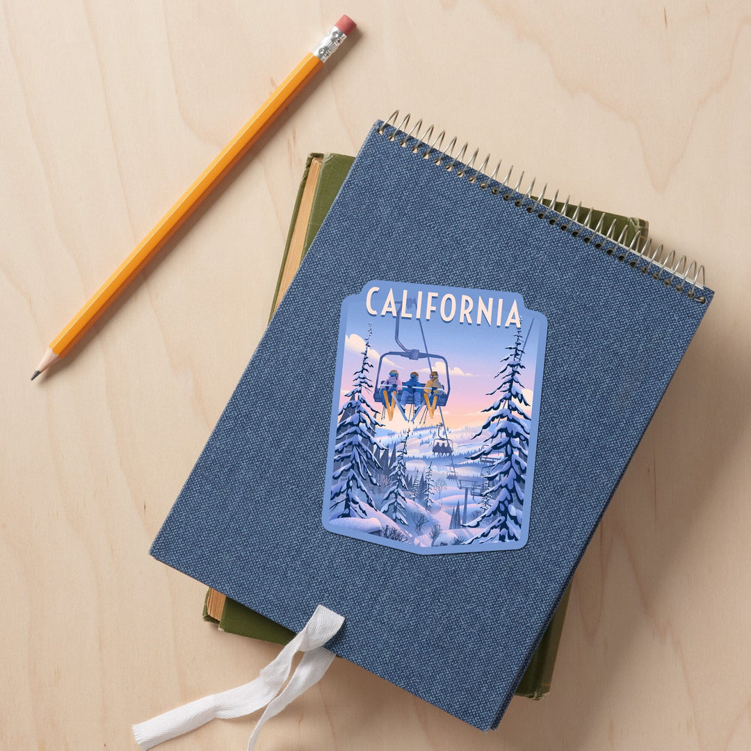 California, Chill on the Uphill, Ski Lift, Contour, Vinyl Sticker Sticker Lantern Press 