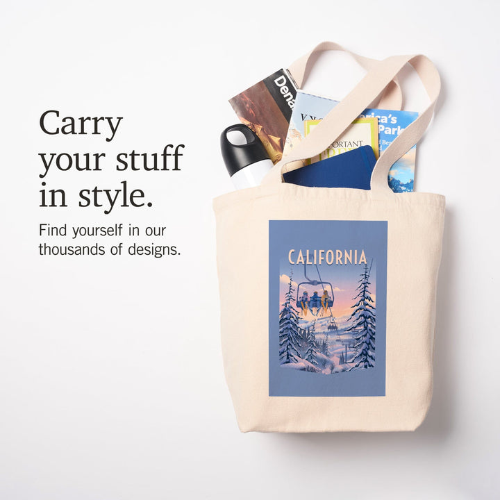 California, Chill on the Uphill, Ski Lift,, Tote Bag Totes Lantern Press 