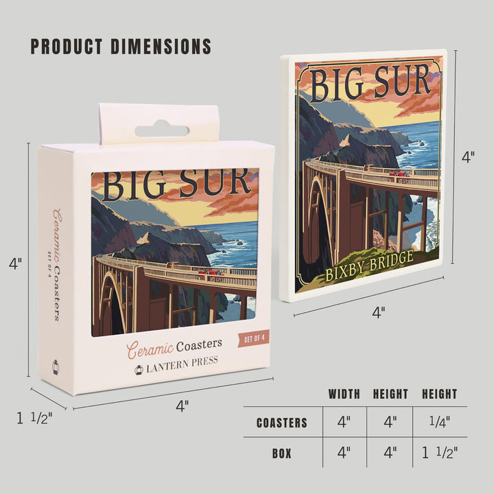 California Coast, Bixby Bridge, Lantern Press Artwork, Coaster Set - Lantern Press