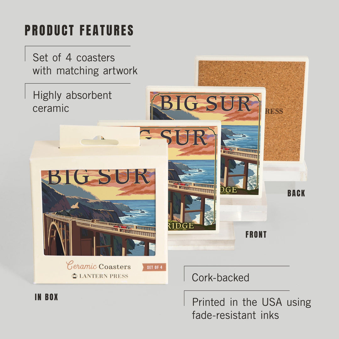 California Coast, Bixby Bridge, Lantern Press Artwork, Coaster Set - Lantern Press