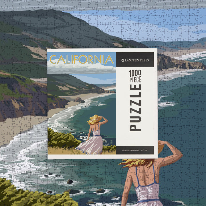California, Coast Scene, Woman in Hat, Jigsaw Puzzle Puzzle Lantern Press 