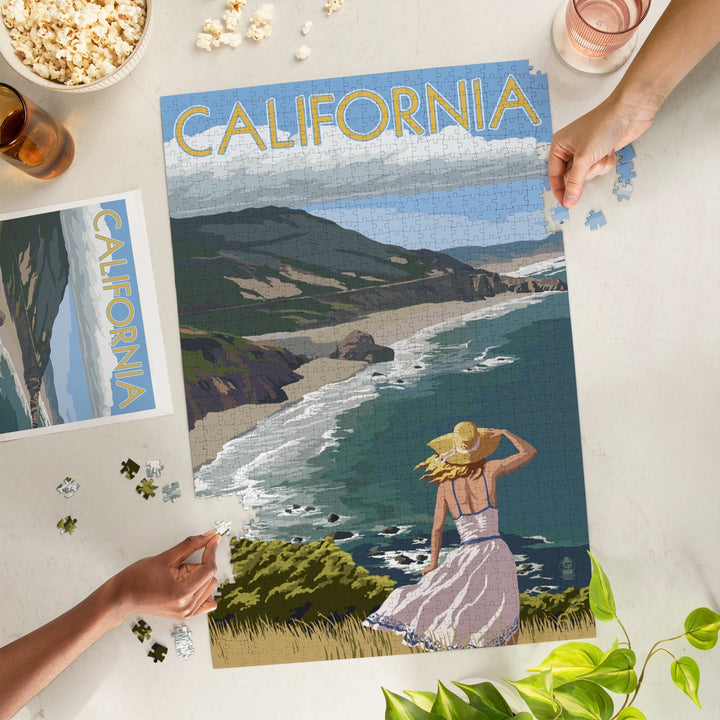 California, Coast Scene, Woman in Hat, Jigsaw Puzzle Puzzle Lantern Press 