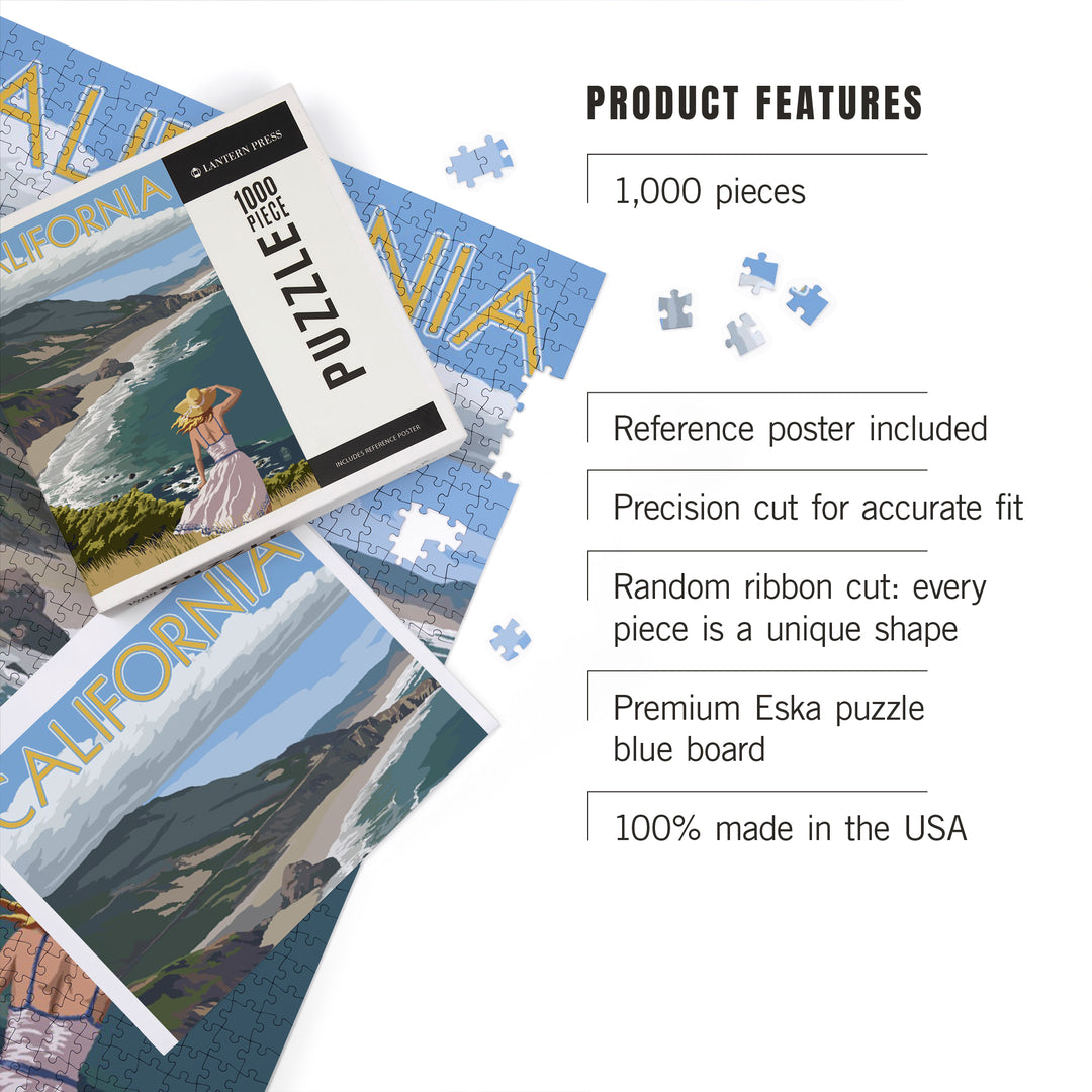 California, Coast Scene, Woman in Hat, Jigsaw Puzzle Puzzle Lantern Press 