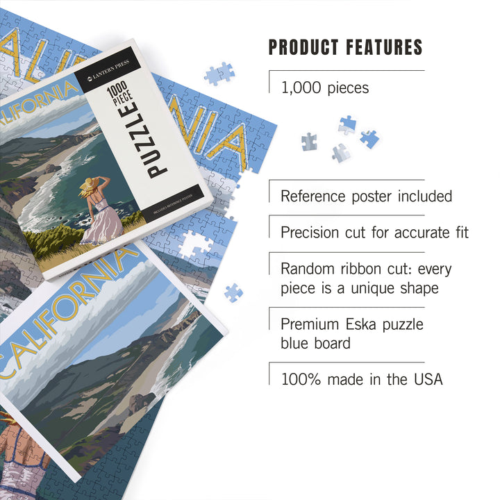 California, Coast Scene, Woman in Hat, Jigsaw Puzzle Puzzle Lantern Press 
