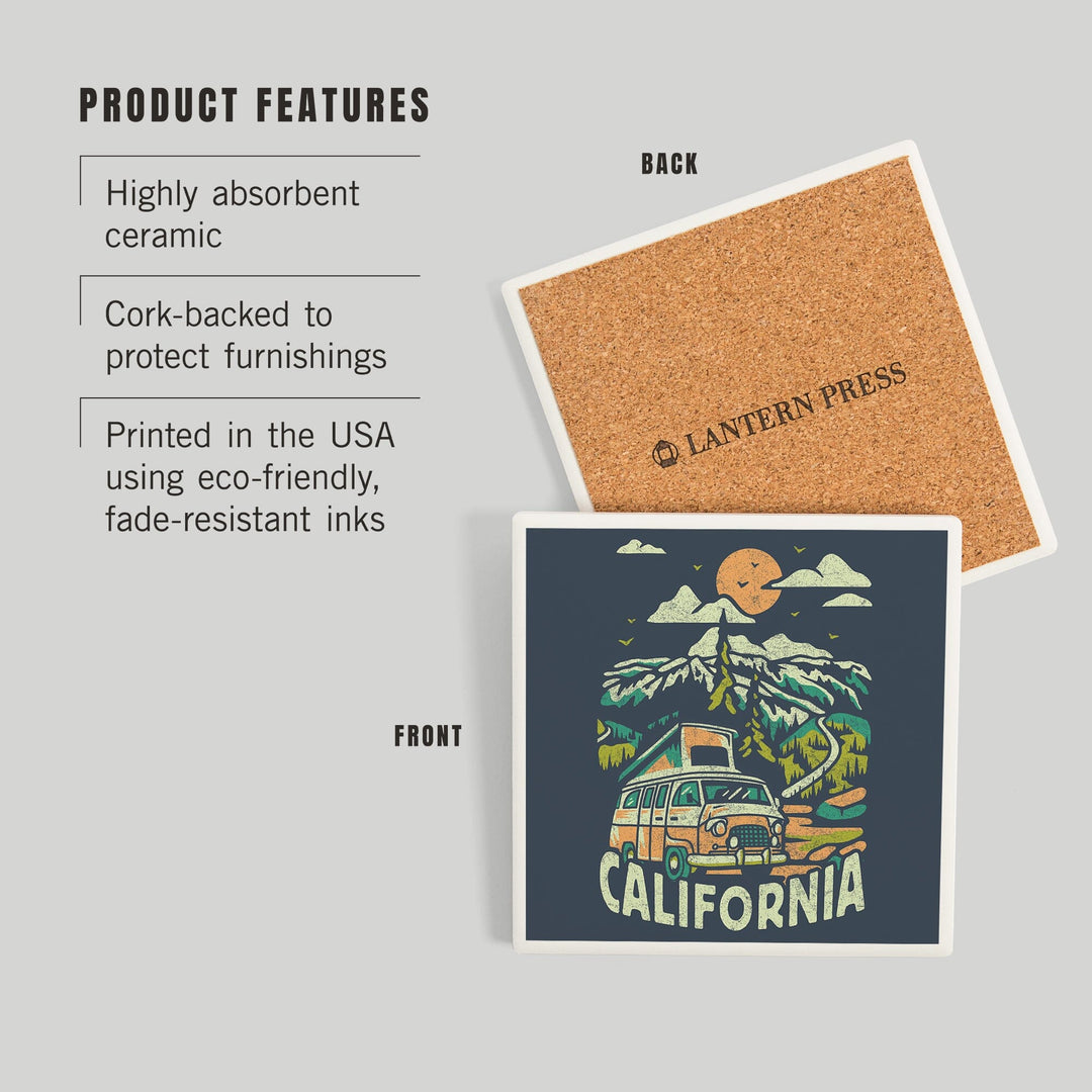 California, Distressed, Camper Van in the Mountains, Coasters Coasters Lantern Press 