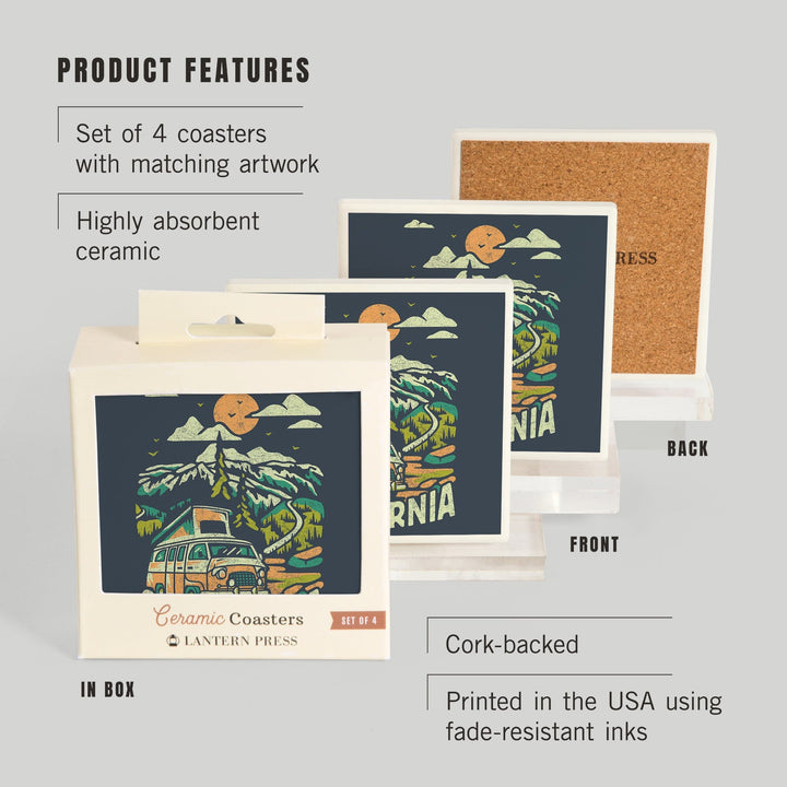 California, Distressed, Camper Van in the Mountains, Coasters Coasters Lantern Press 
