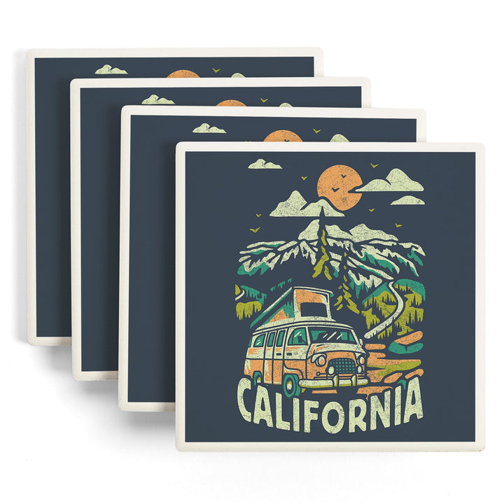 California, Distressed, Camper Van in the Mountains, Coasters Coasters Lantern Press 