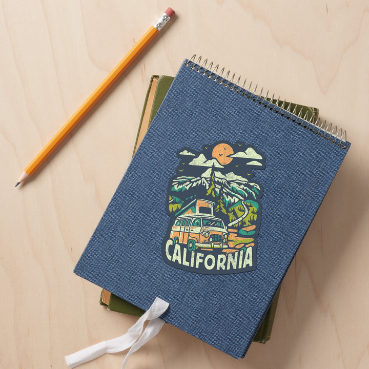 California, Distressed, Camper Van in the Mountains, Contour, Vinyl Sticker Sticker Lantern Press 