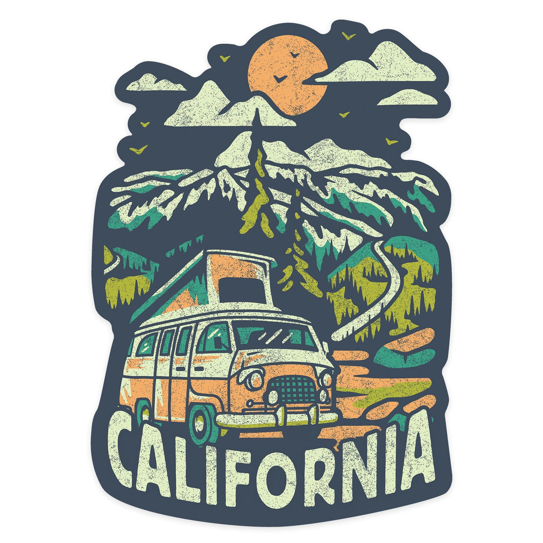 California, Distressed, Camper Van in the Mountains, Contour, Vinyl Sticker Sticker Lantern Press 