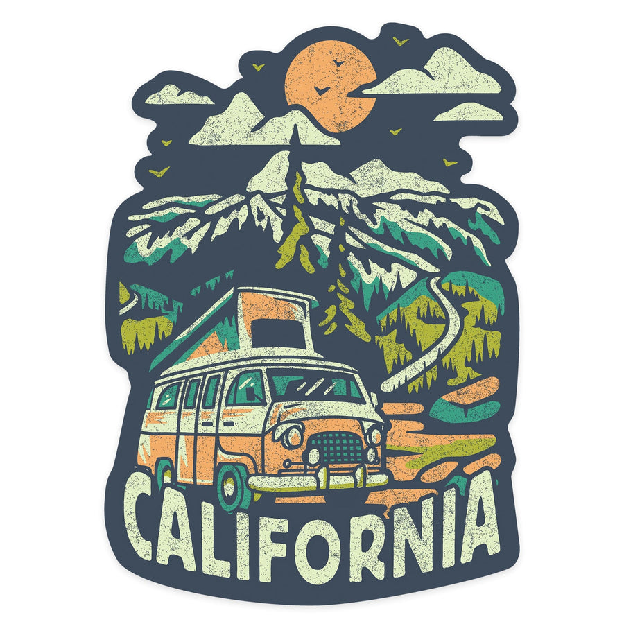 California, Distressed, Camper Van in the Mountains, Contour, Vinyl Sticker Sticker Lantern Press 