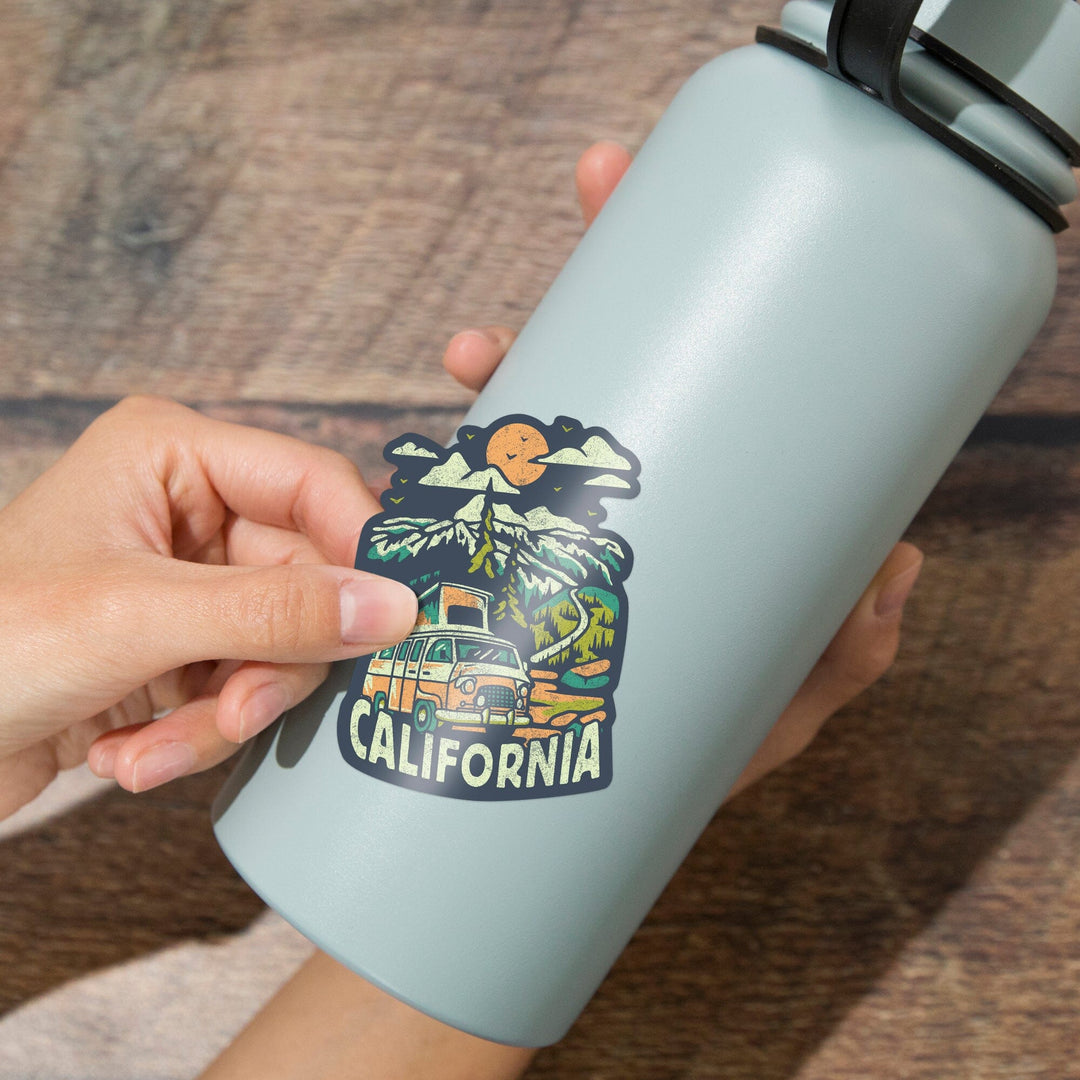 California, Distressed, Camper Van in the Mountains, Contour, Vinyl Sticker Sticker Lantern Press 