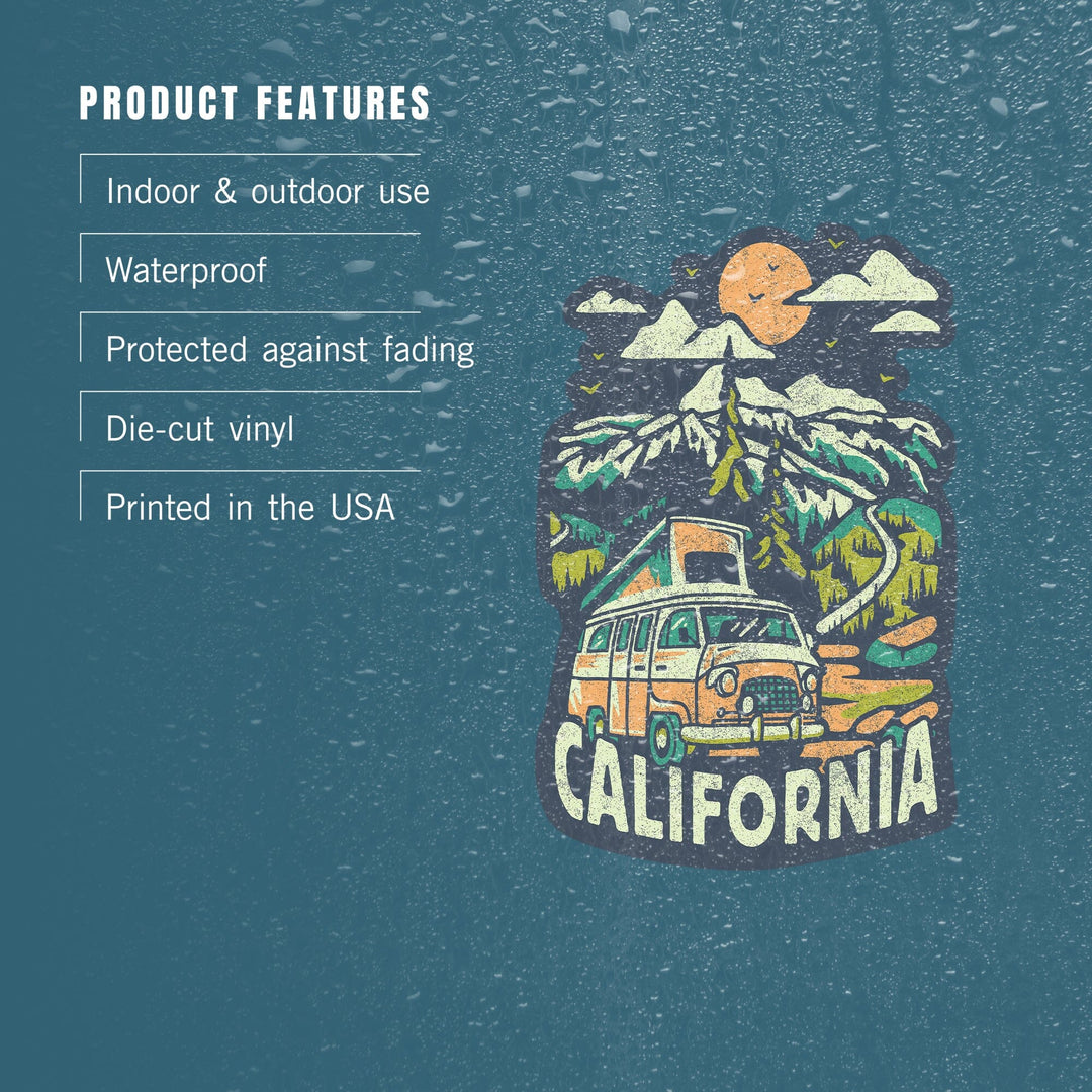 California, Distressed, Camper Van in the Mountains, Contour, Vinyl Sticker Sticker Lantern Press 