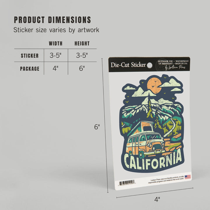 California, Distressed, Camper Van in the Mountains, Contour, Vinyl Sticker Sticker Lantern Press 