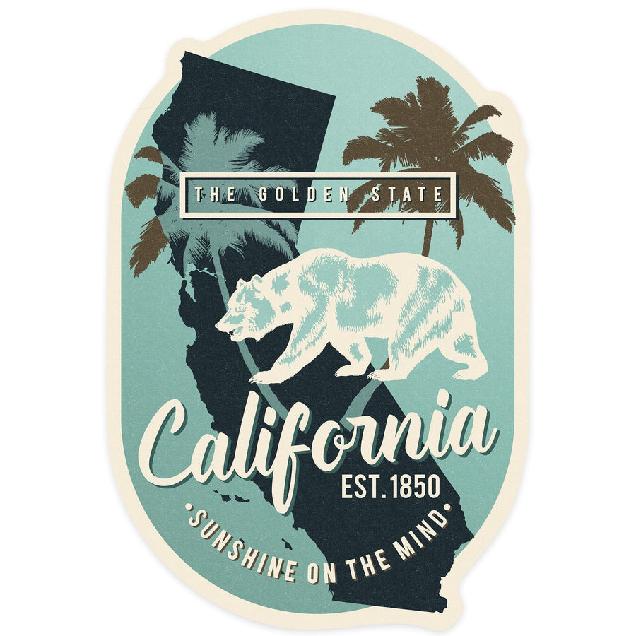 California, Est 1850, State Bear on Blue, Contour, Vinyl Sticker - Lantern Press