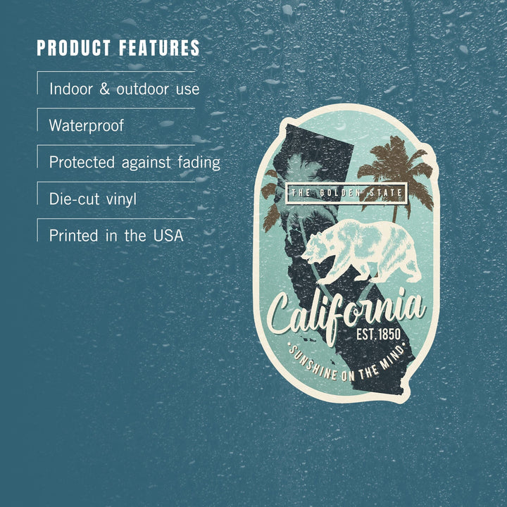 California, Est 1850, State Bear on Blue, Contour, Vinyl Sticker - Lantern Press