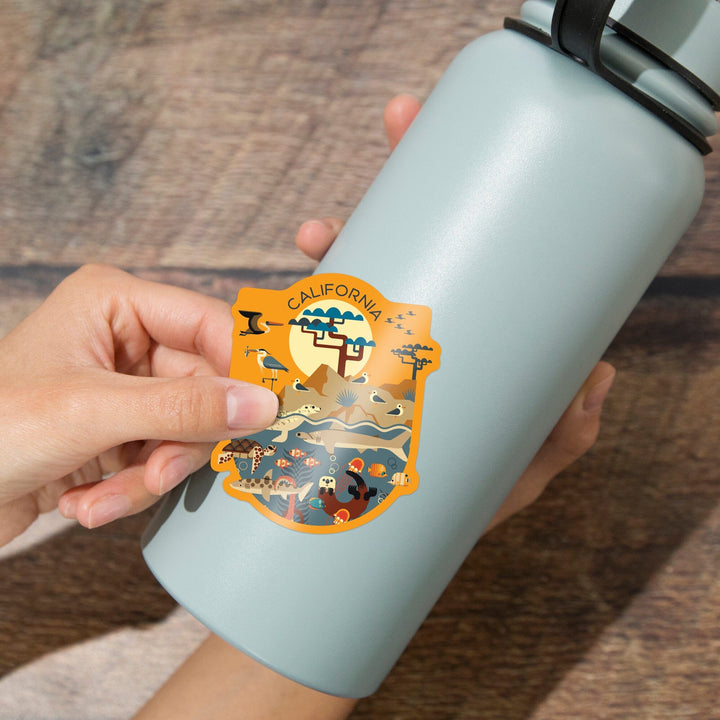 California, Geometric, Marine Animals, Contour, Vinyl Sticker Sticker Lantern Press 