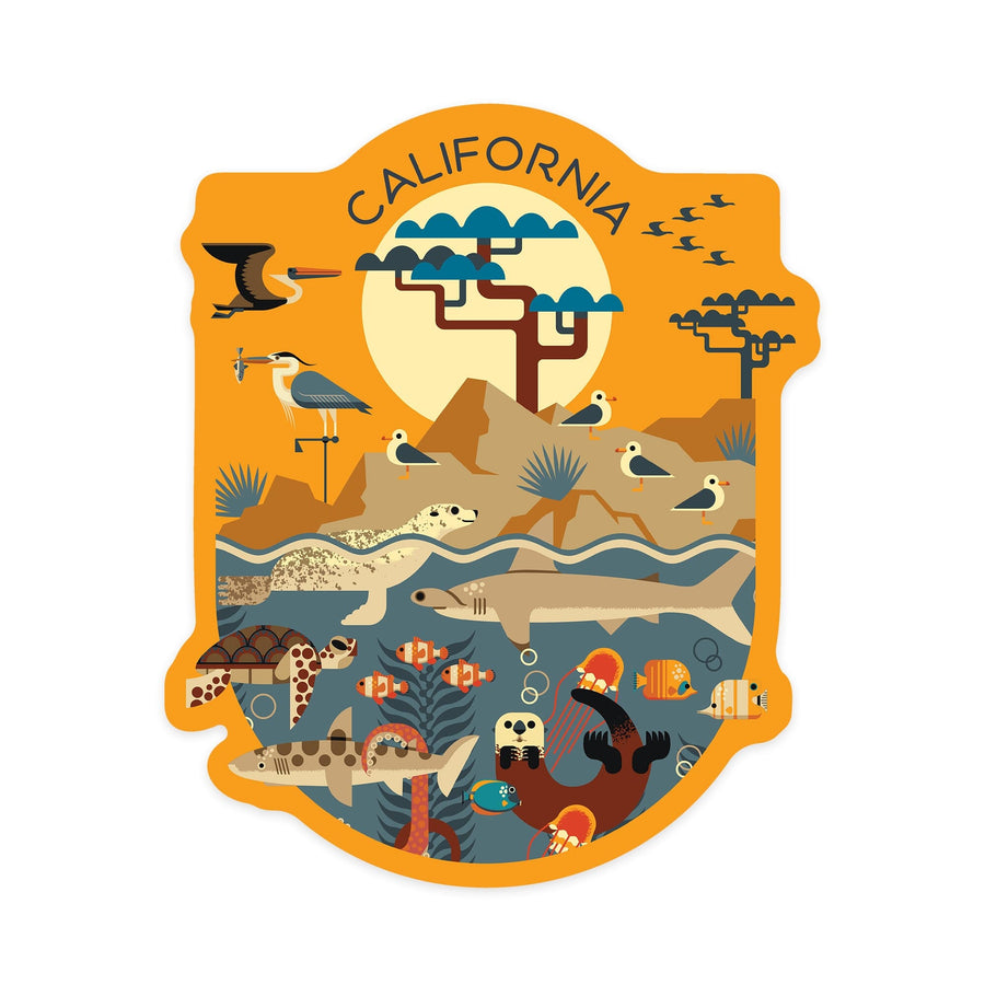 California, Geometric, Marine Animals, Contour, Vinyl Sticker Sticker Lantern Press 