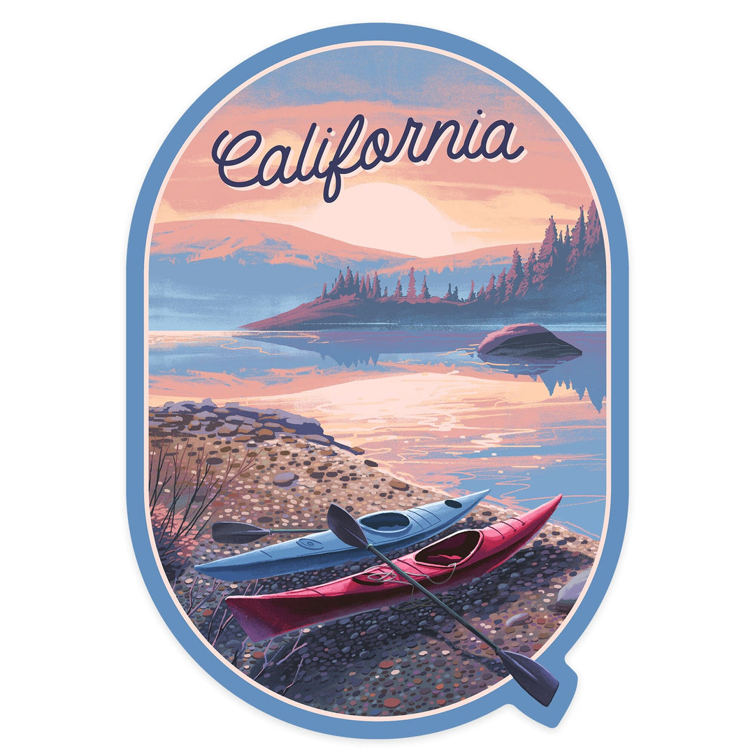 California, Glassy Sunrise, Kayak, Contour, Vinyl Sticker Sticker Lantern Press 