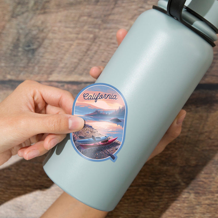 California, Glassy Sunrise, Kayak, Contour, Vinyl Sticker Sticker Lantern Press 