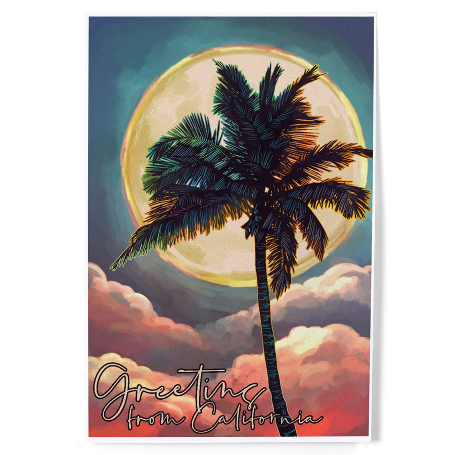 California, Greetings From California, Palm and Moon, Sunset, Art & Giclee Prints Art Lantern Press 