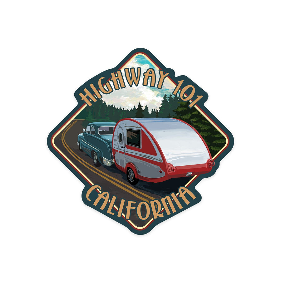 California, Highway 101, Retro Camper, Contour, Vinyl Sticker - Lantern Press