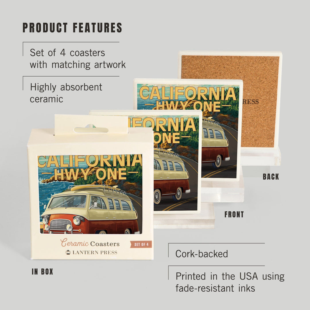 California Highway One, Camper Van, Lantern Press Artwork, Coaster Set - Lantern Press