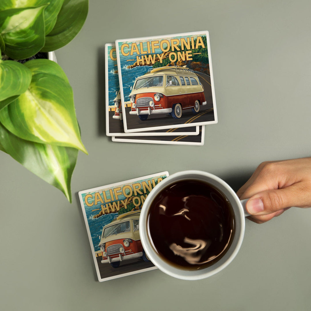 California Highway One, Camper Van, Lantern Press Artwork, Coaster Set - Lantern Press