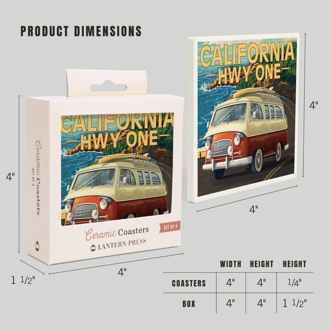 California Highway One, Camper Van, Lantern Press Artwork, Coaster Set - Lantern Press