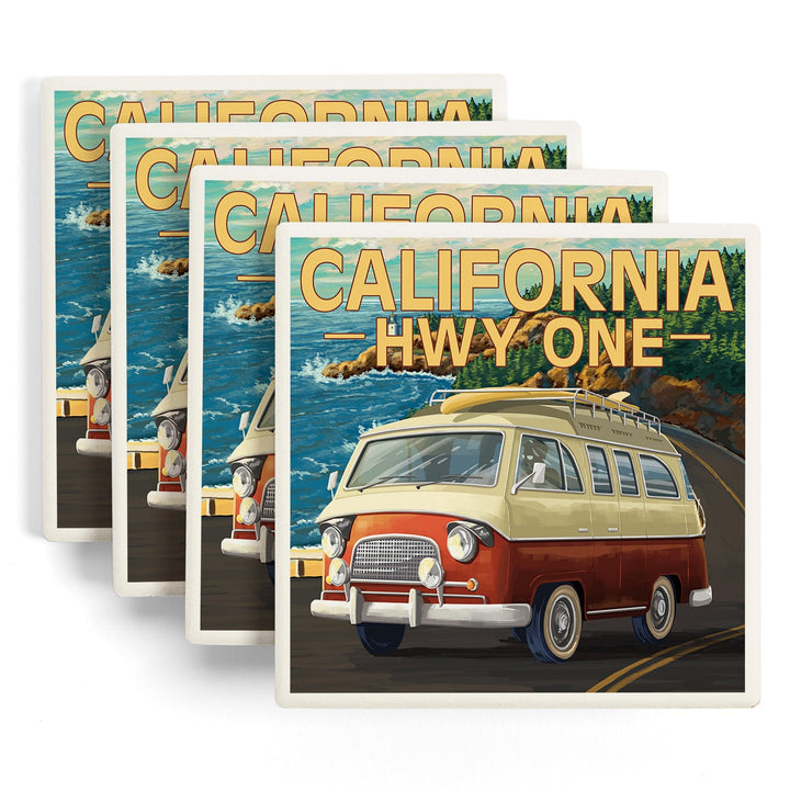 California Highway One, Camper Van, Lantern Press Artwork, Coaster Set - Lantern Press