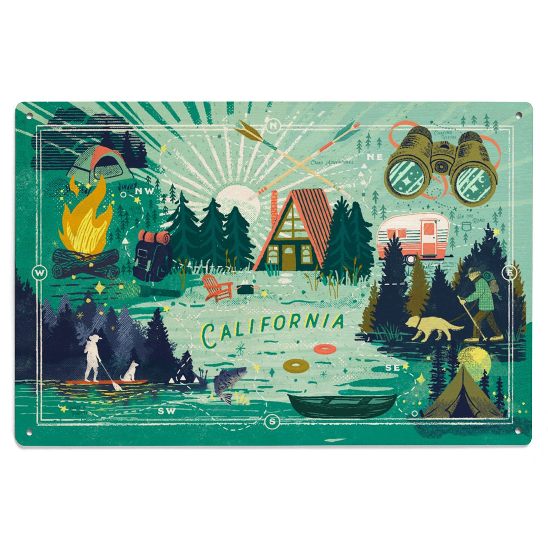 California, Lake Life Series, Collage, Landscape with Trees, Wood Signs and Postcards Wood Lantern Press 