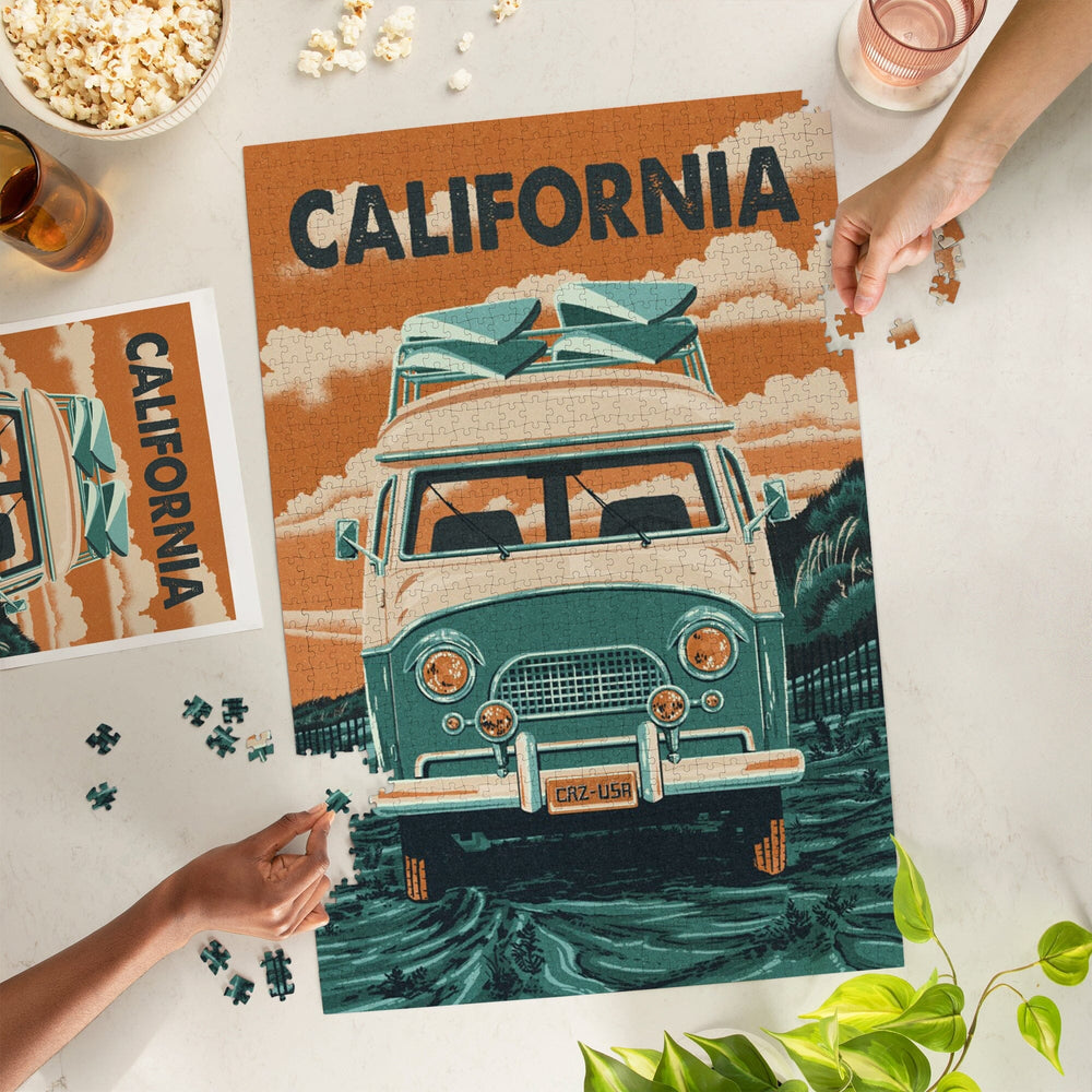 California, Letterpress, Camper Van, Jigsaw Puzzle Puzzle Lantern Press 